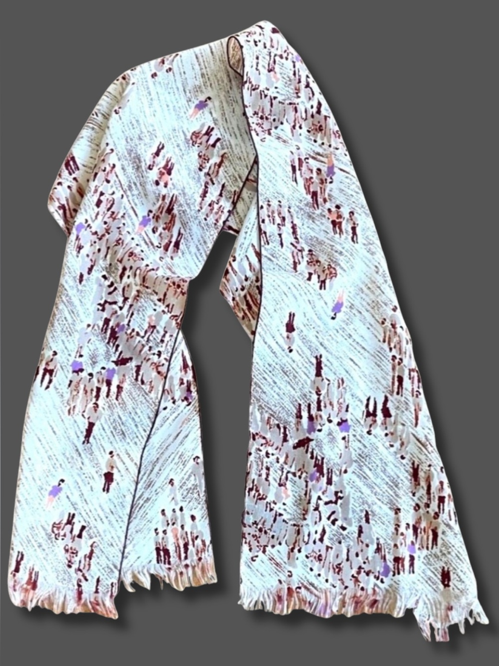Vintage Symphony Impressionist Print Scarf Wrap Fringe Beige Burgundy Purple
